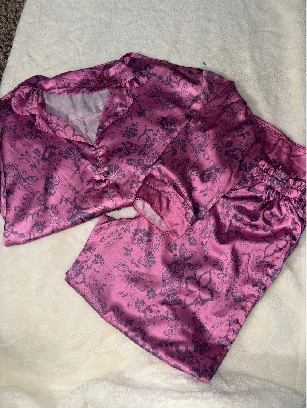 Women's Pink Satin Floral Pajama Set with Long Sleeve Shirt and Elastic Waist T裤